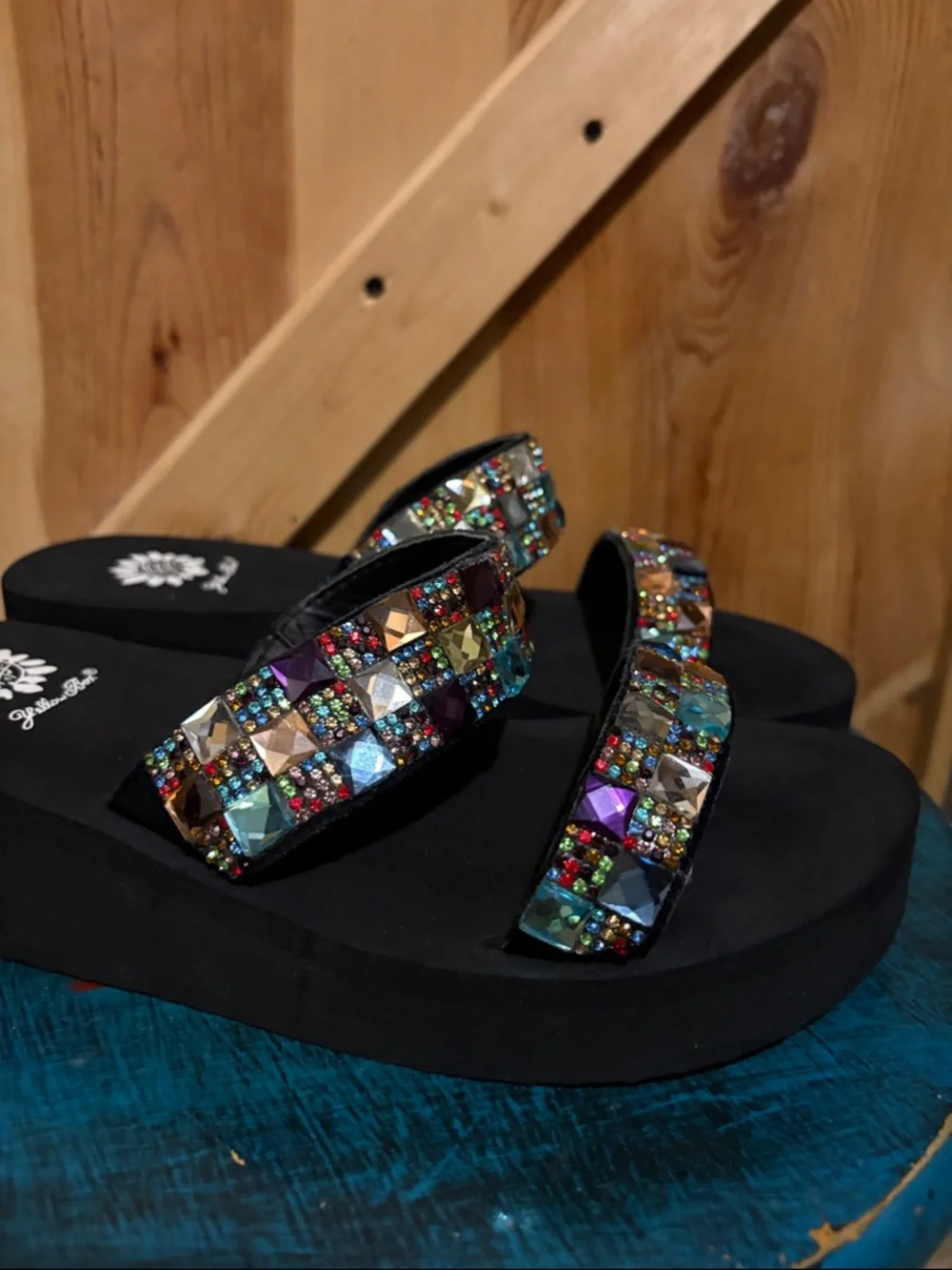 Yellow Box Black Jeweled Double-Strap Slide Sandals - Picture 6 of 8